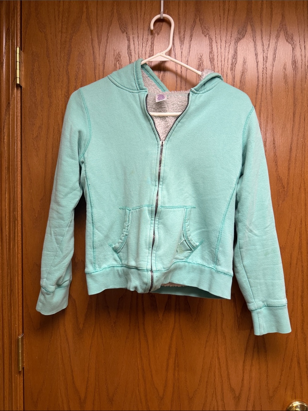 Kids Zip-Up Hooded Sweatshirt in Mint Green zipper pic posted works